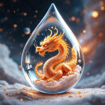 Primary subject: A dragon in a glass vase.

Setting/background: The dragon is sitting in a glass vase, which is placed on a white surface.

Visual style: The image is a digital artwork.

Colors and mood: The dragon is orange and yellow, giving it a warm and vibrant appearance. The white surface adds a clean and minimalistic touch to the scene.